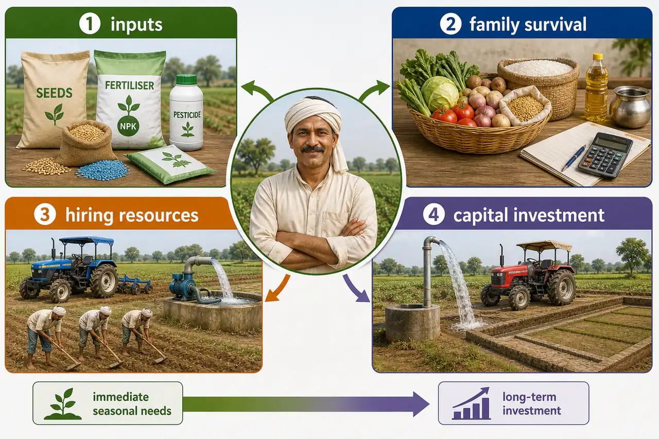 Four credit needs of Indian farmers showing inputs family survival hiring resources and capital investment