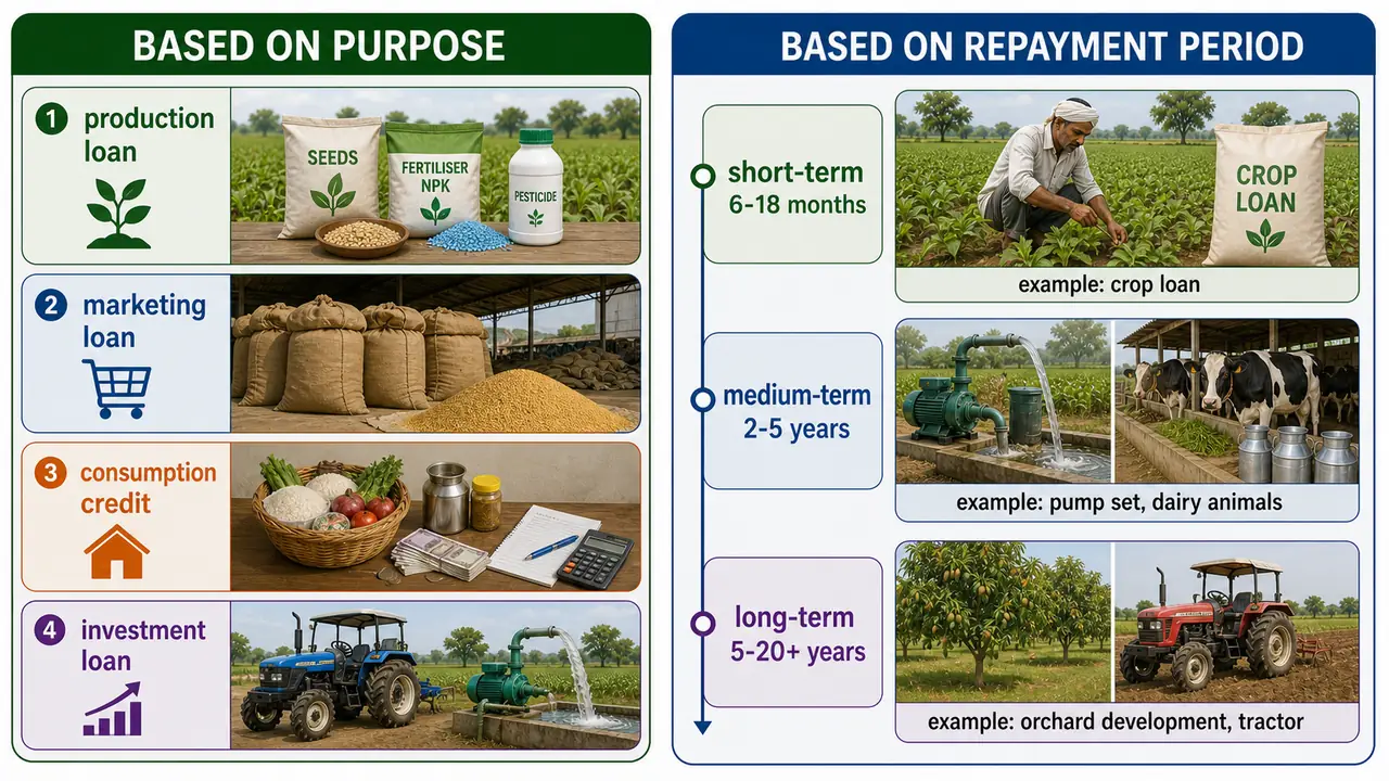 Agricultural credit classification by purpose and repayment period with examples of production marketing consumption and investment loans