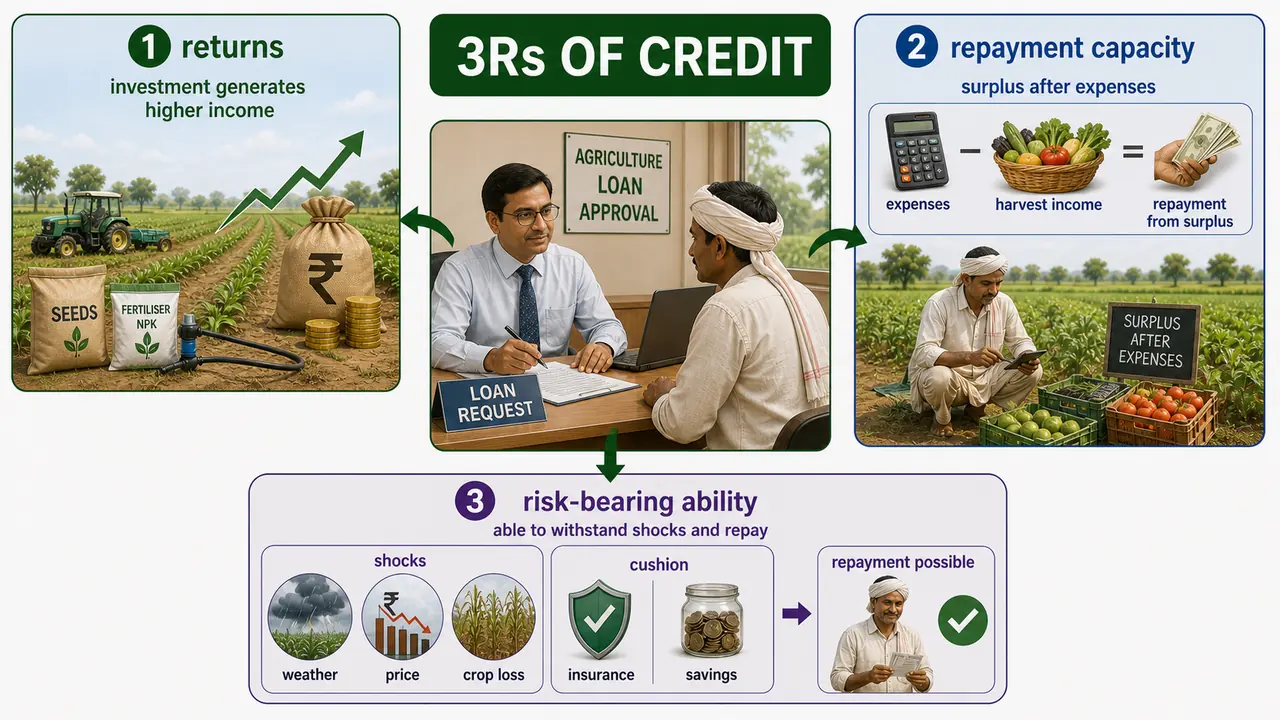 3Rs of credit showing returns repayment capacity and risk-bearing ability in agricultural loan appraisal