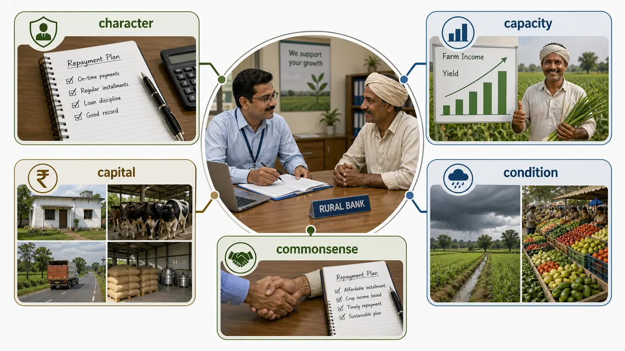 5 Cs of agricultural credit showing character capacity capital condition and commonsense in farm loan appraisal