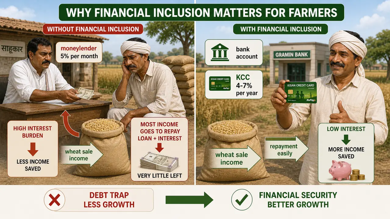 Comparison showing farmer outcomes without financial inclusion versus with bank account and Kisan Credit Card access
