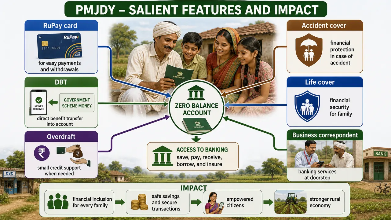 PMJDY feature flow showing zero balance account linked to RuPay card DBT overdraft insurance and doorstep banking