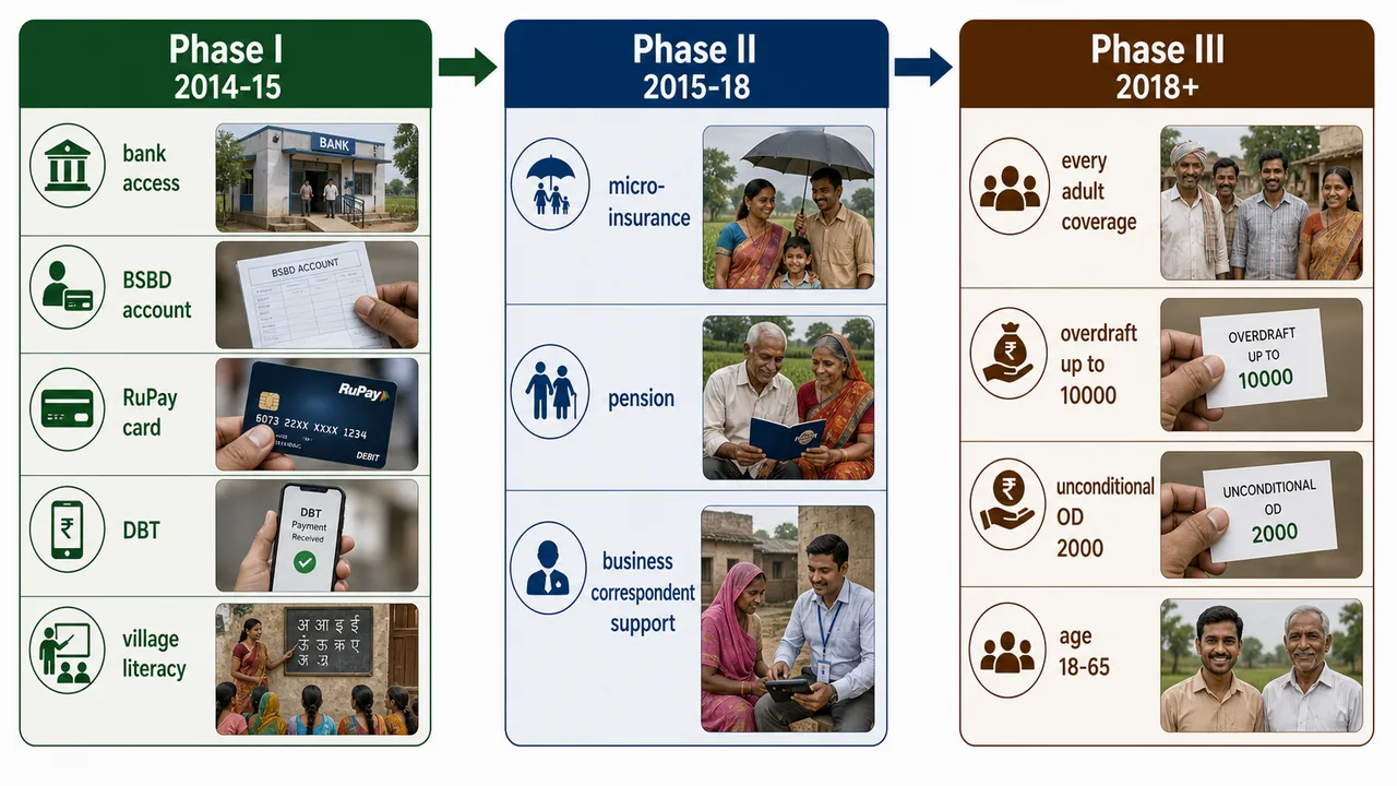 PMJDY phased implementation timeline showing Phase I 2014 to 2015, Phase II 2015 to 2018, and Phase III from 2018 onward with key feature changes