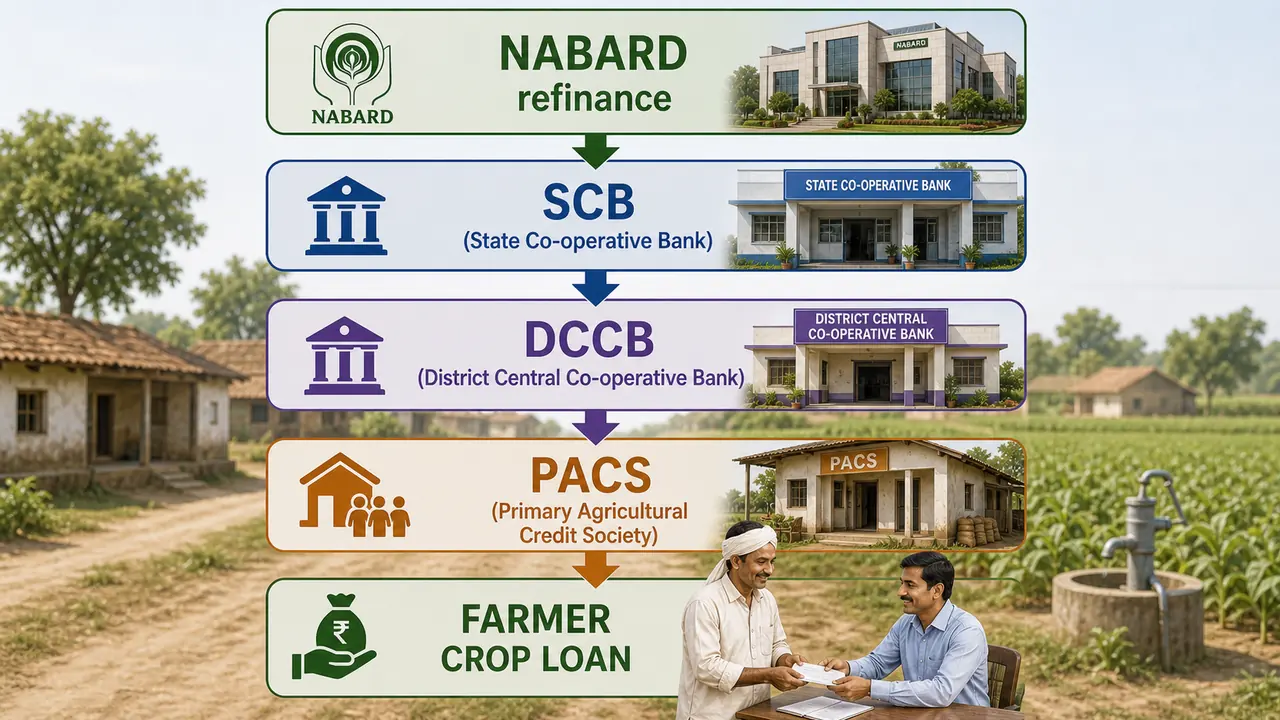 Institutional agricultural credit flow from NABARD to SCB to DCCB to PACS and finally to the farmer