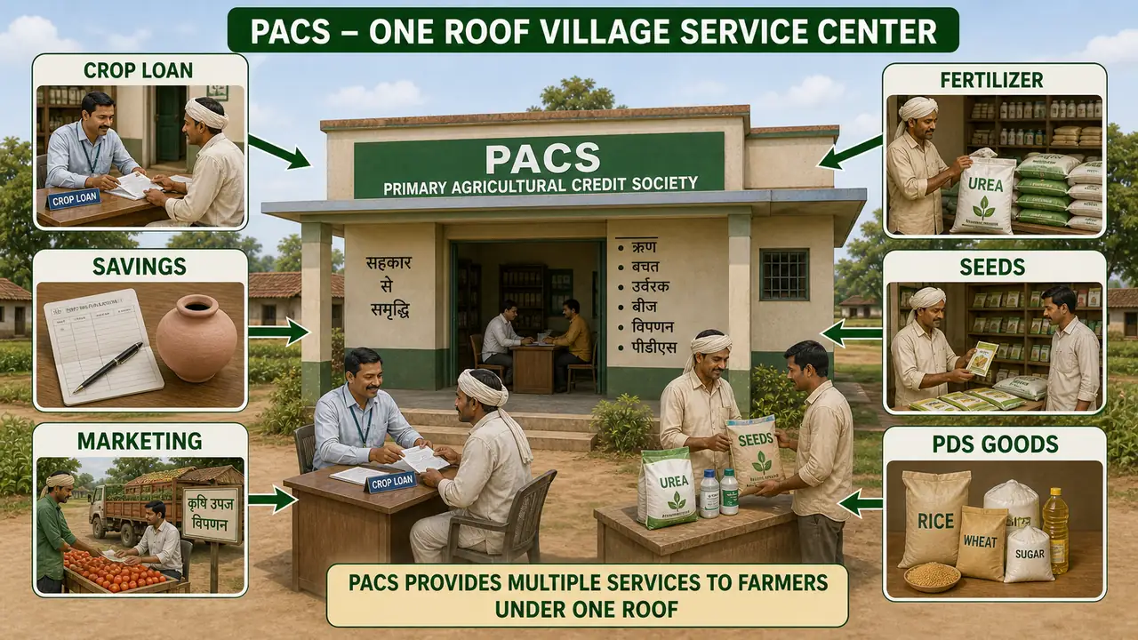 PACS village service center showing crop loan savings inputs marketing and PDS goods under one roof