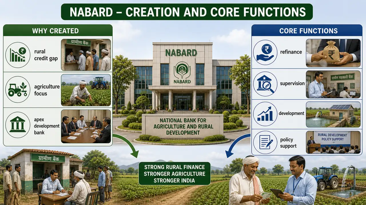 NABARD board showing why it was created and its core functions of refinance supervision development and policy support