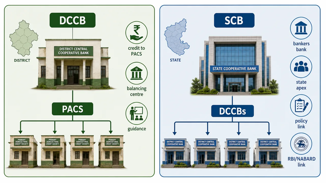 Comparison of DCCB and SCB showing district middle tier support to PACS and state apex linkage with RBI and NABARD