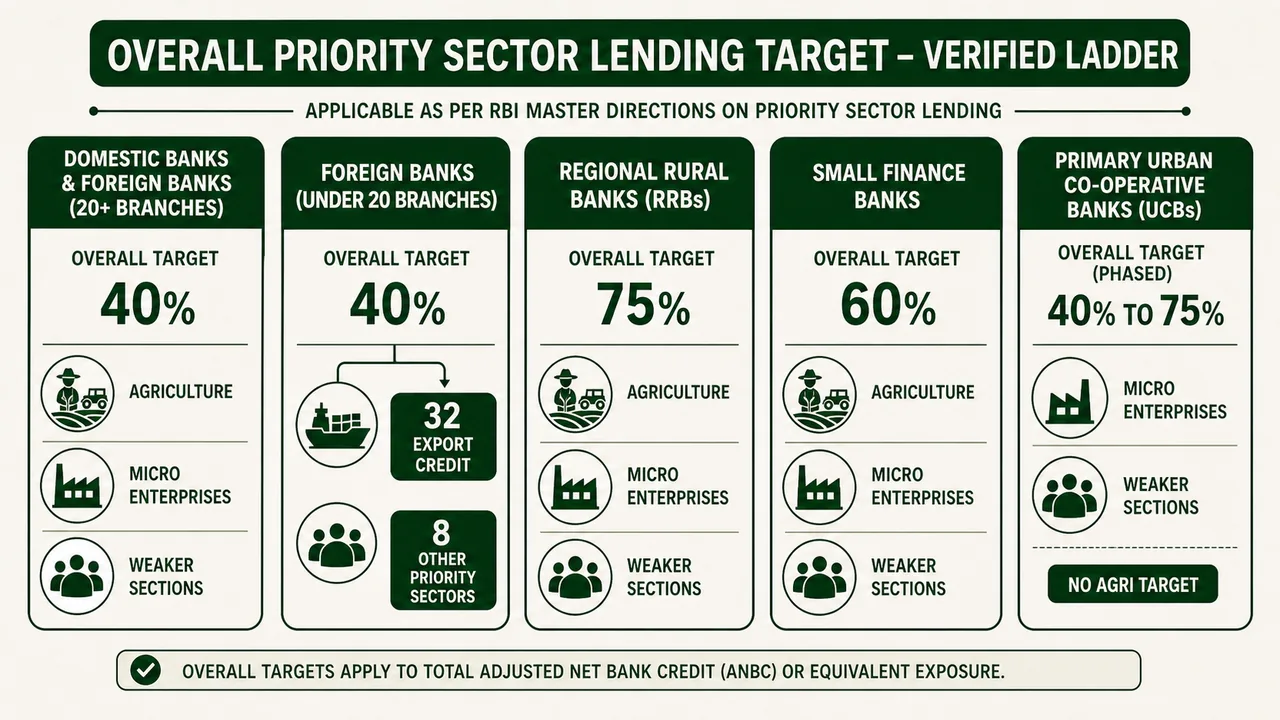 Priority sector lending overall target ladder across domestic banks, foreign banks, RRBs, small finance banks, and urban co operative banks