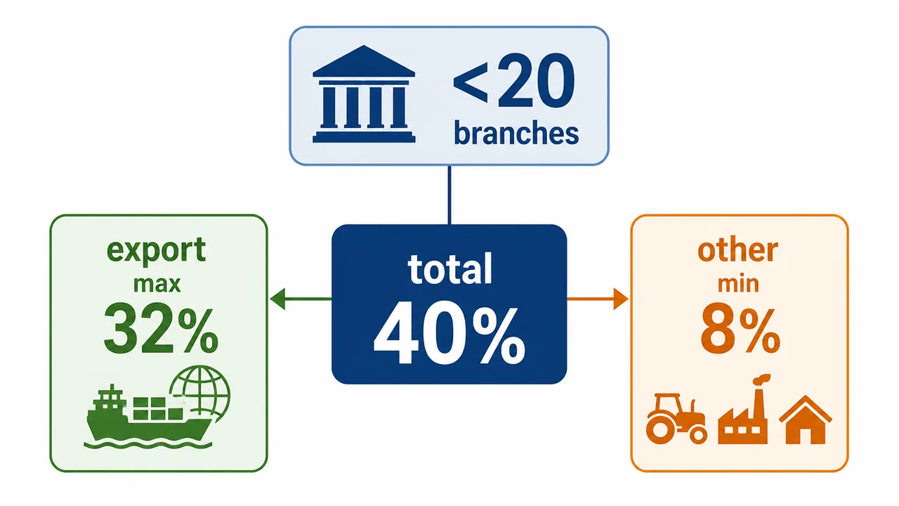 Priority sector lending rule for foreign banks with fewer than 20 branches showing 40 percent total target with export credit up to 32 percent and other priority sector lending at least 8 percent