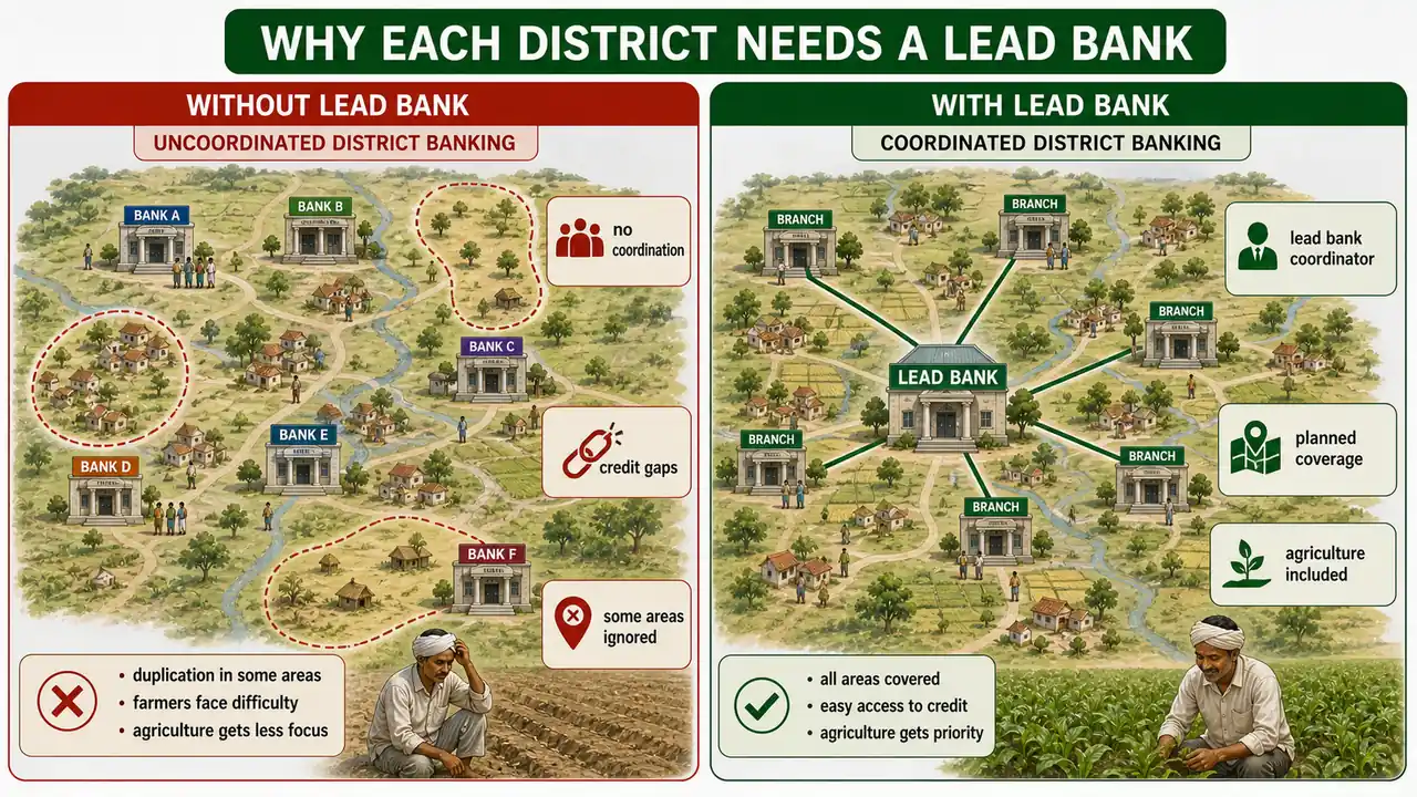 District banking comparison showing uncoordinated branches versus lead bank coordinated planned rural credit coverage