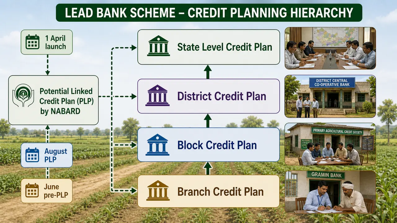 Lead Bank Scheme credit planning hierarchy from PLP and branch plans up to block district and state level credit plans