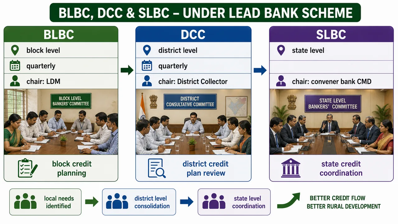 Comparison of BLBC DCC and SLBC showing level chairperson meeting frequency and planning role under the Lead Bank Scheme