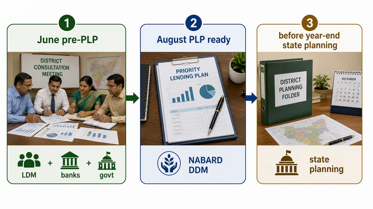 Annual PLP preparation timeline showing June pre PLP meeting, August PLP completion by NABARD, and integration into state planning before year end