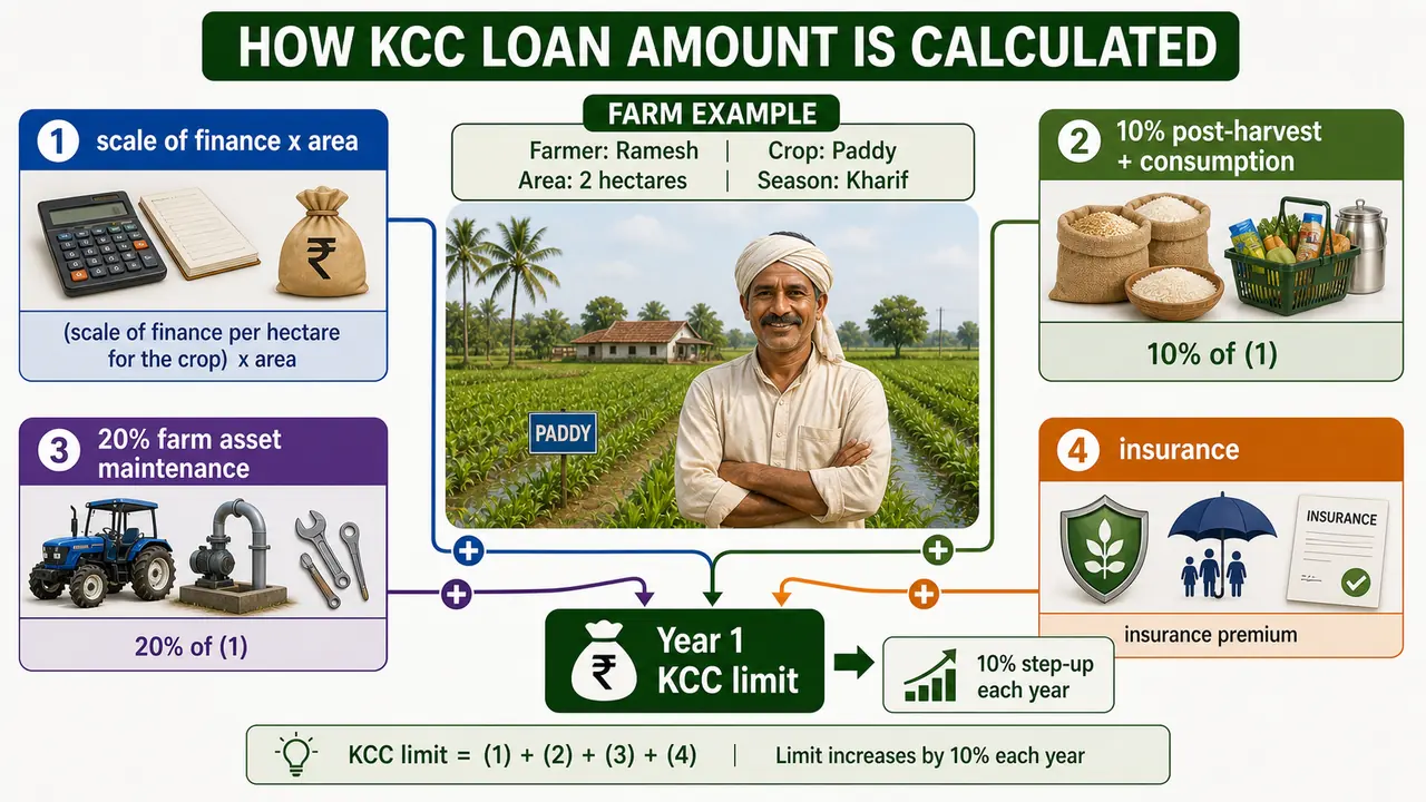 KCC loan limit calculation showing scale of finance times area plus post-harvest consumption farm asset maintenance and insurance