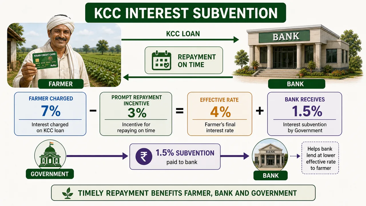 KCC interest subvention breakdown showing 7 percent charged 3 percent prompt repayment incentive 4 percent effective rate and 1.5 percent support to banks