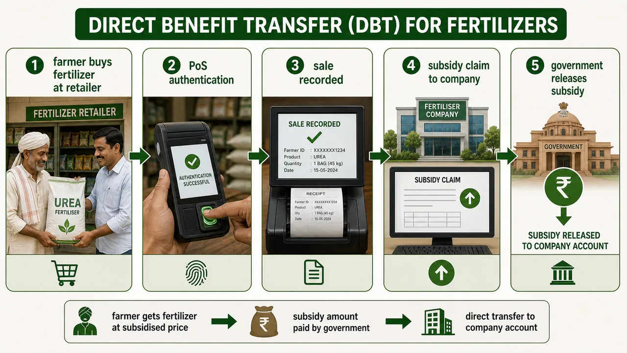 Fertilizer DBT flow showing farmer purchase point of sale authentication sale recording subsidy claim and government payment to company