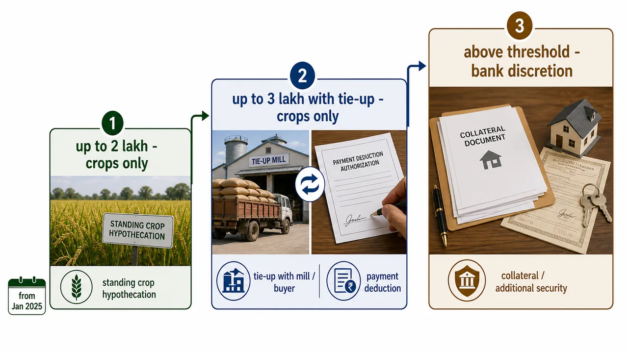 KCC security requirements showing crop hypothecation up to 2 lakh, crop-only up to 3 lakh with tie-up arrangement, and bank-discretion collateral above the threshold