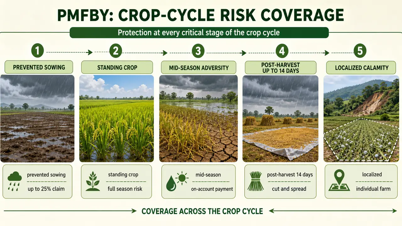 PMFBY crop-cycle risk coverage from prevented sowing to localized calamity