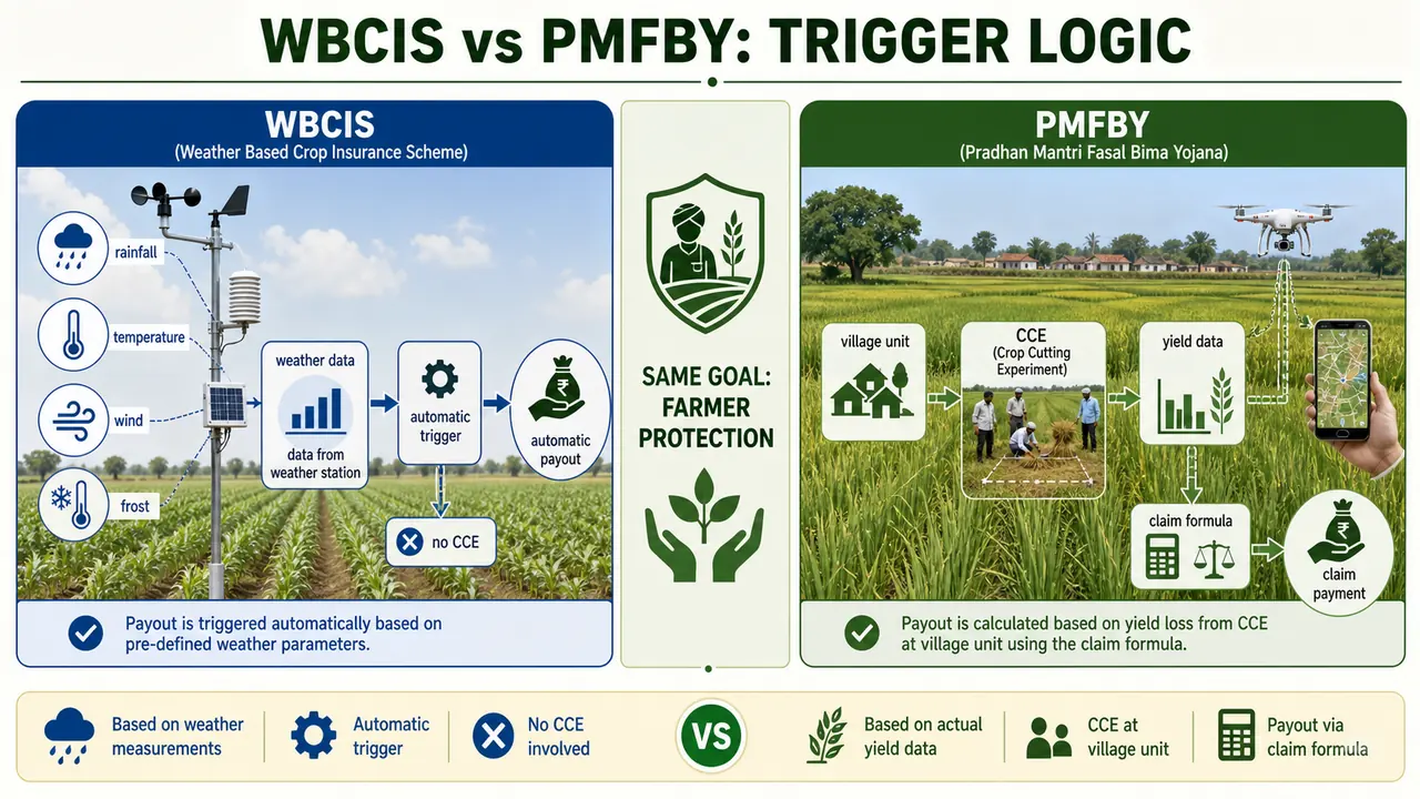 WBCIS versus PMFBY comparison showing weather triggers and yield-based claim logic