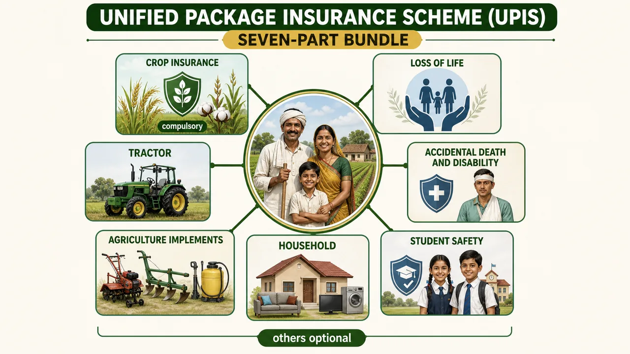 UPIS seven-part insurance bundle around a farm family