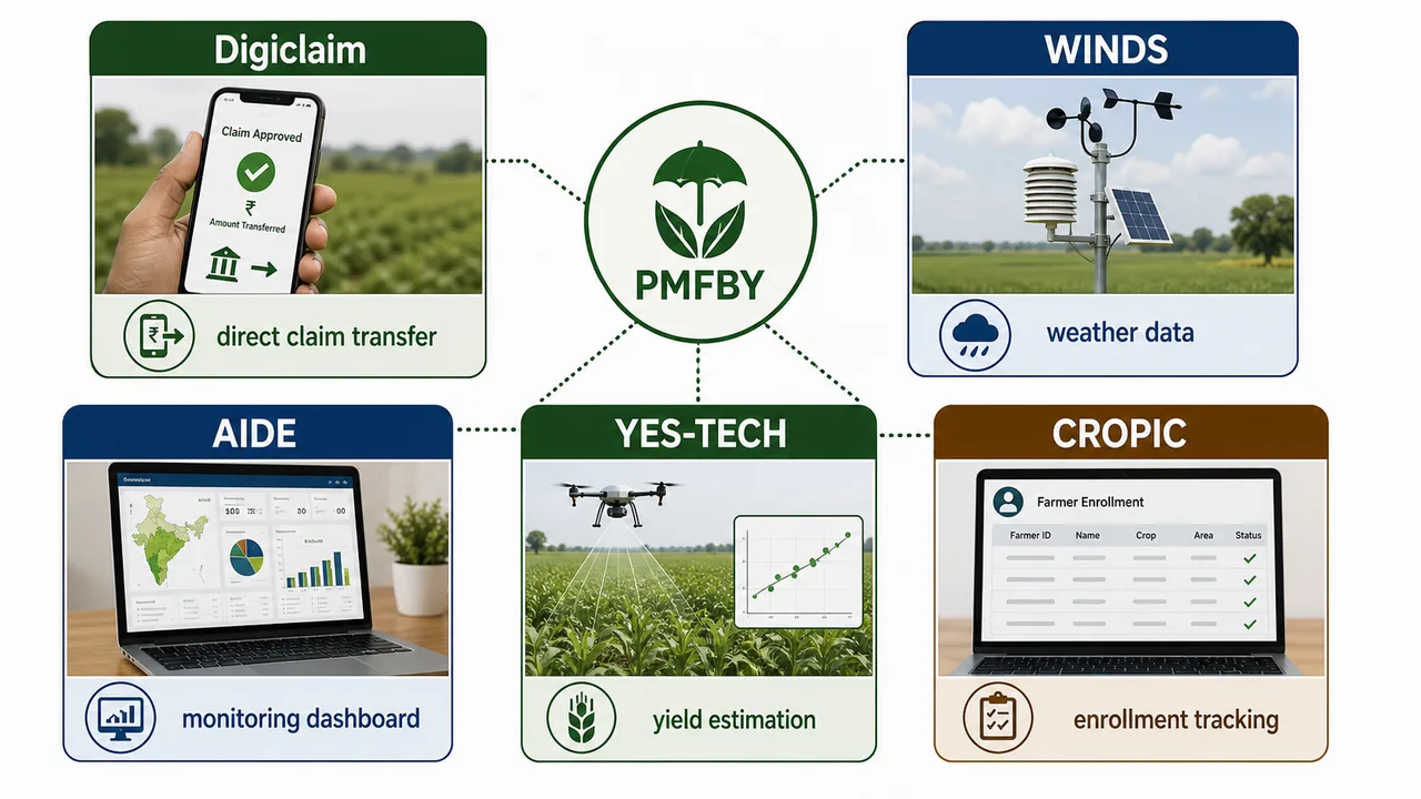PMFBY technology initiatives showing Digiclaim, WINDS, AIDE, YES-TECH, and CROPIC with their core uses