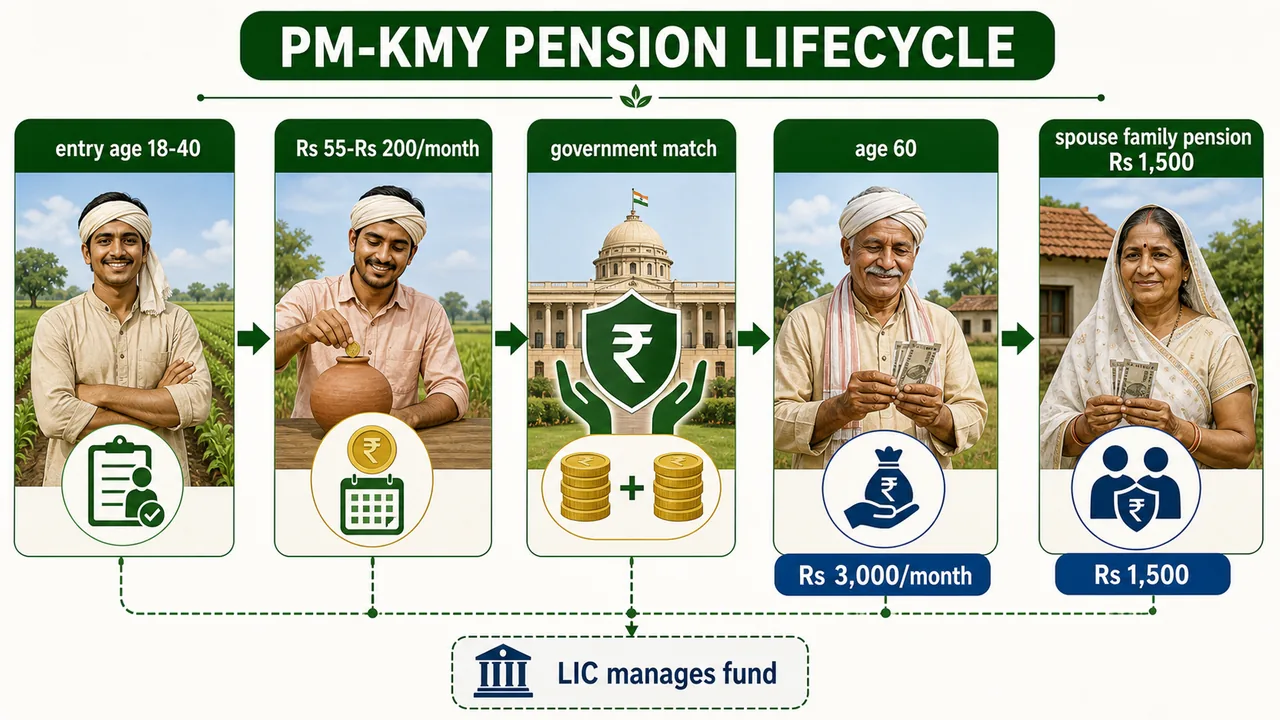 PM-KMY pension lifecycle from entry age and monthly contribution to pension and spouse family pension