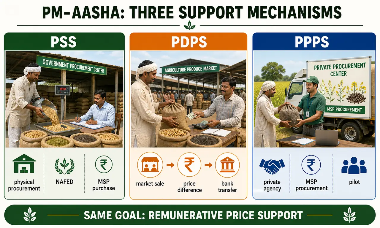 PM-AASHA comparison showing PSS procurement, PDPS price difference payment, and PPPS private procurement