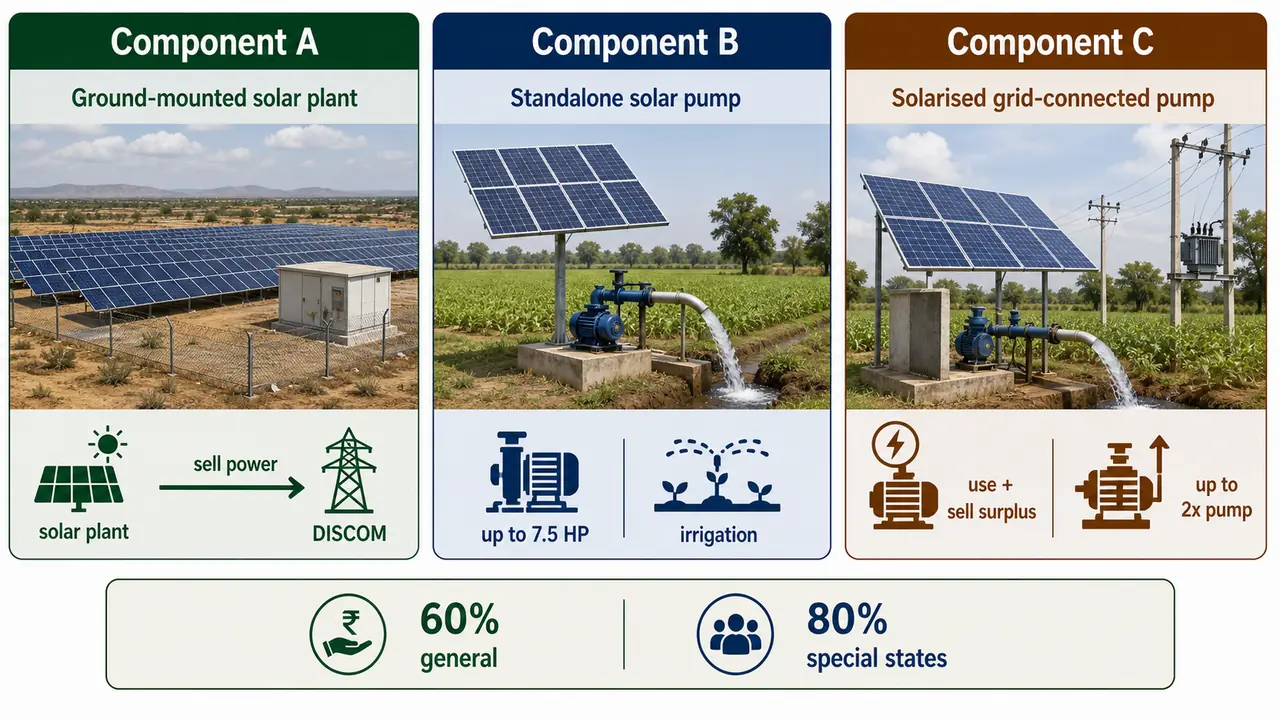PM KUSUM comparison showing Component A solar plants, Component B standalone solar pumps, and Component C solarised grid connected pumps