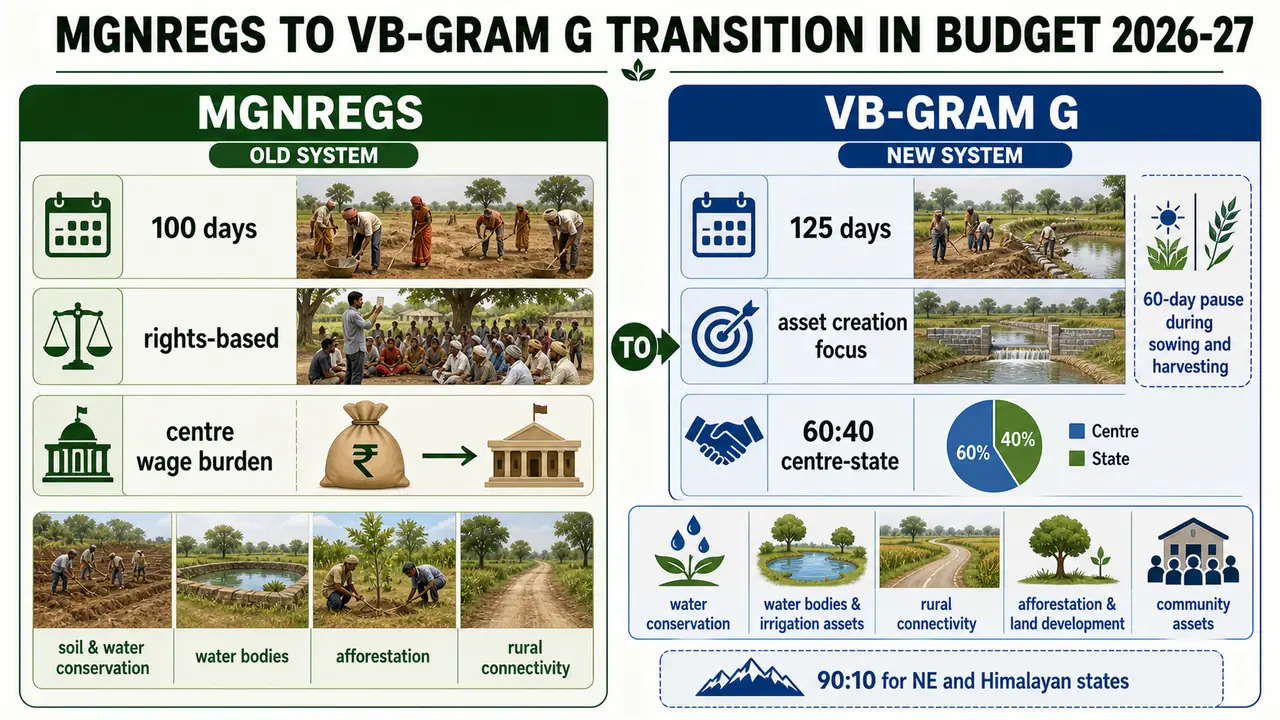MGNREGS to VB-GRAM G transition showing days, funding pattern, focus, and farming-season pause