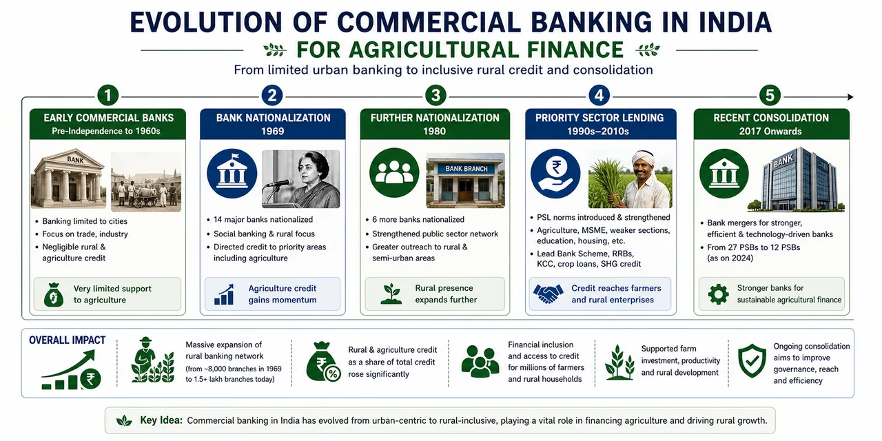 Timeline infographic showing the evolution of commercial banking in India from nationalization to rural expansion and recent mergers
