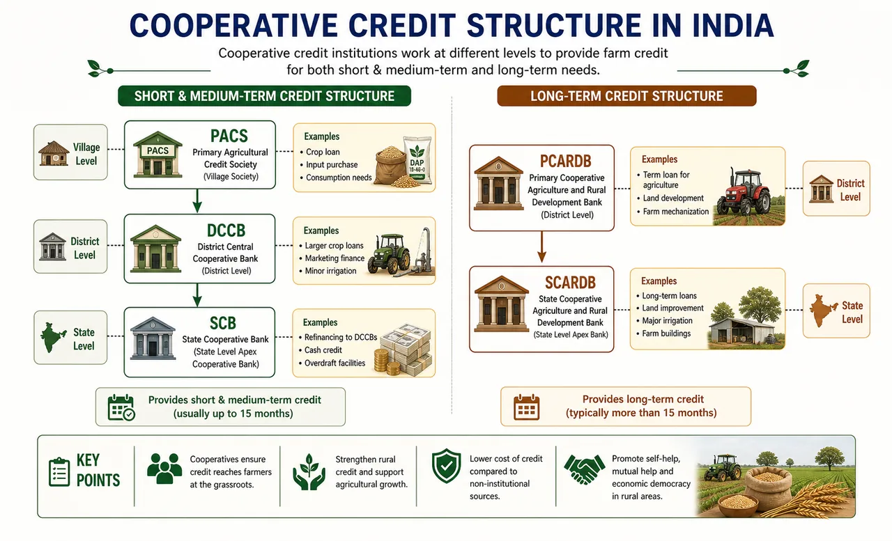 Cooperative credit structure infographic showing PACS to DCCB to SCB and the parallel long-term credit stream