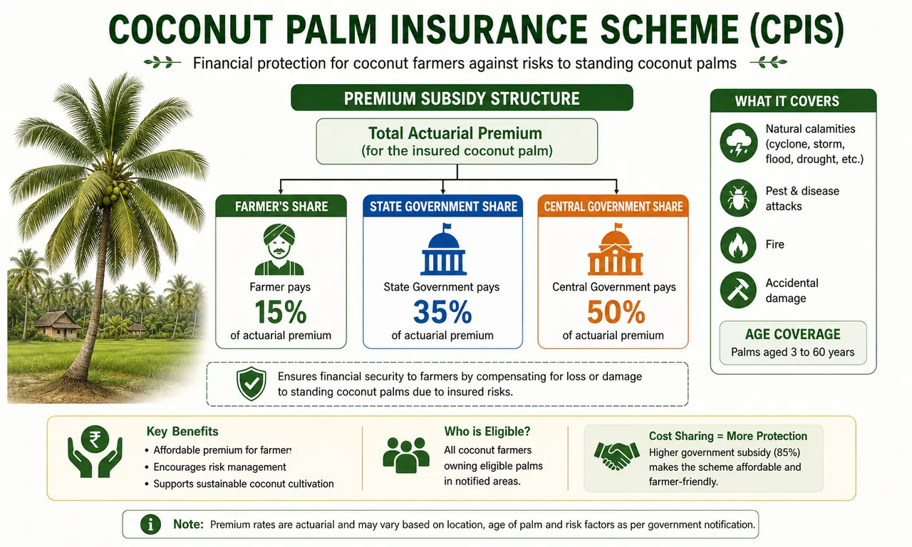 Coconut Palm Insurance Scheme infographic showing premium sharing among farmer, state government, and central government