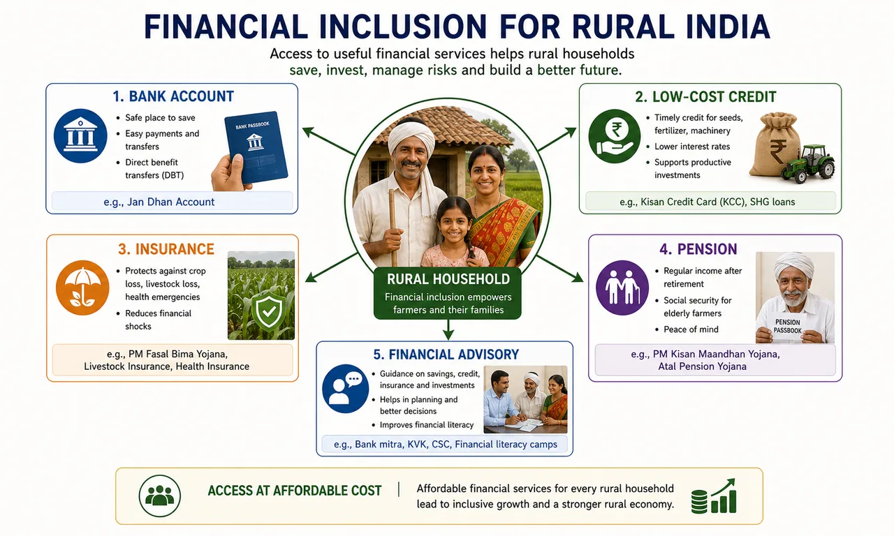 Financial inclusion infographic showing a rural household connected to bank account, credit, insurance, pension, and advisory services