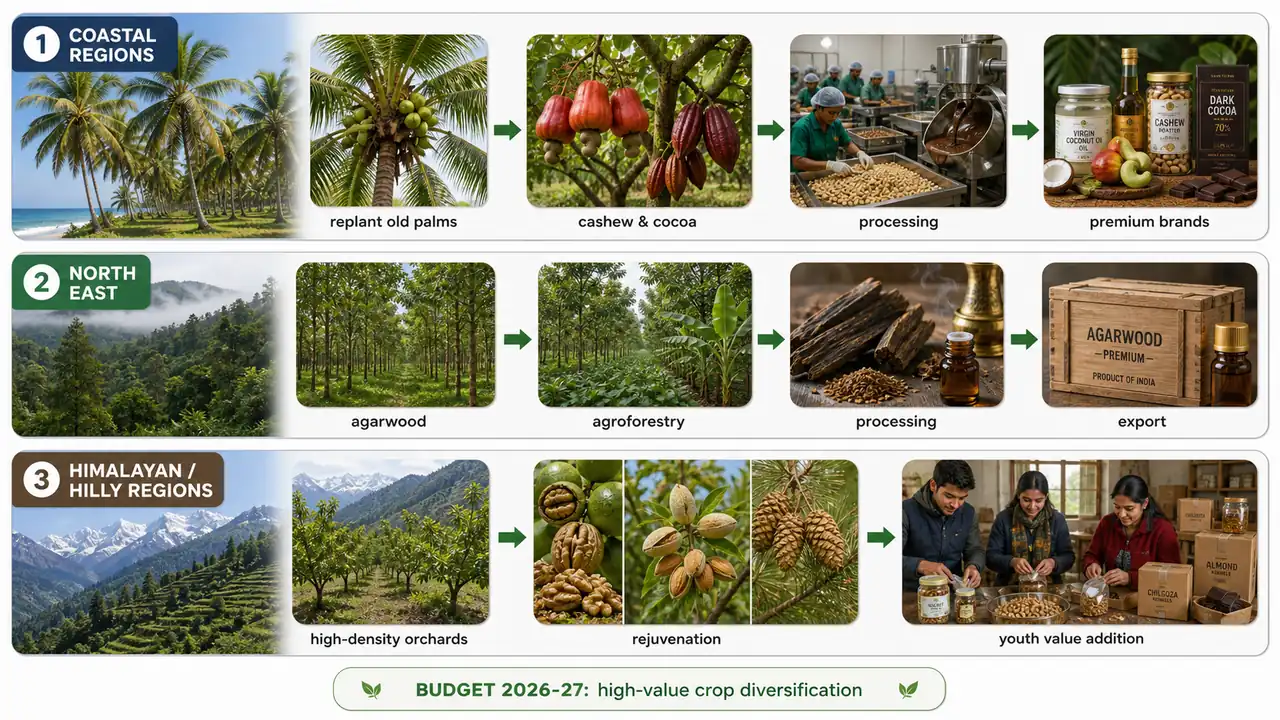 Regional high-value crop diversification strategy showing coastal plantation crops, North East agarwood, and Himalayan nut crops under Budget 2026-27