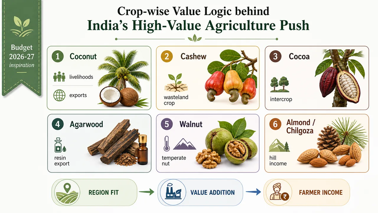 Crop-wise value logic behind India high-value agriculture push showing coconut, cashew, cocoa, agarwood, walnut, and almond or chilgoza