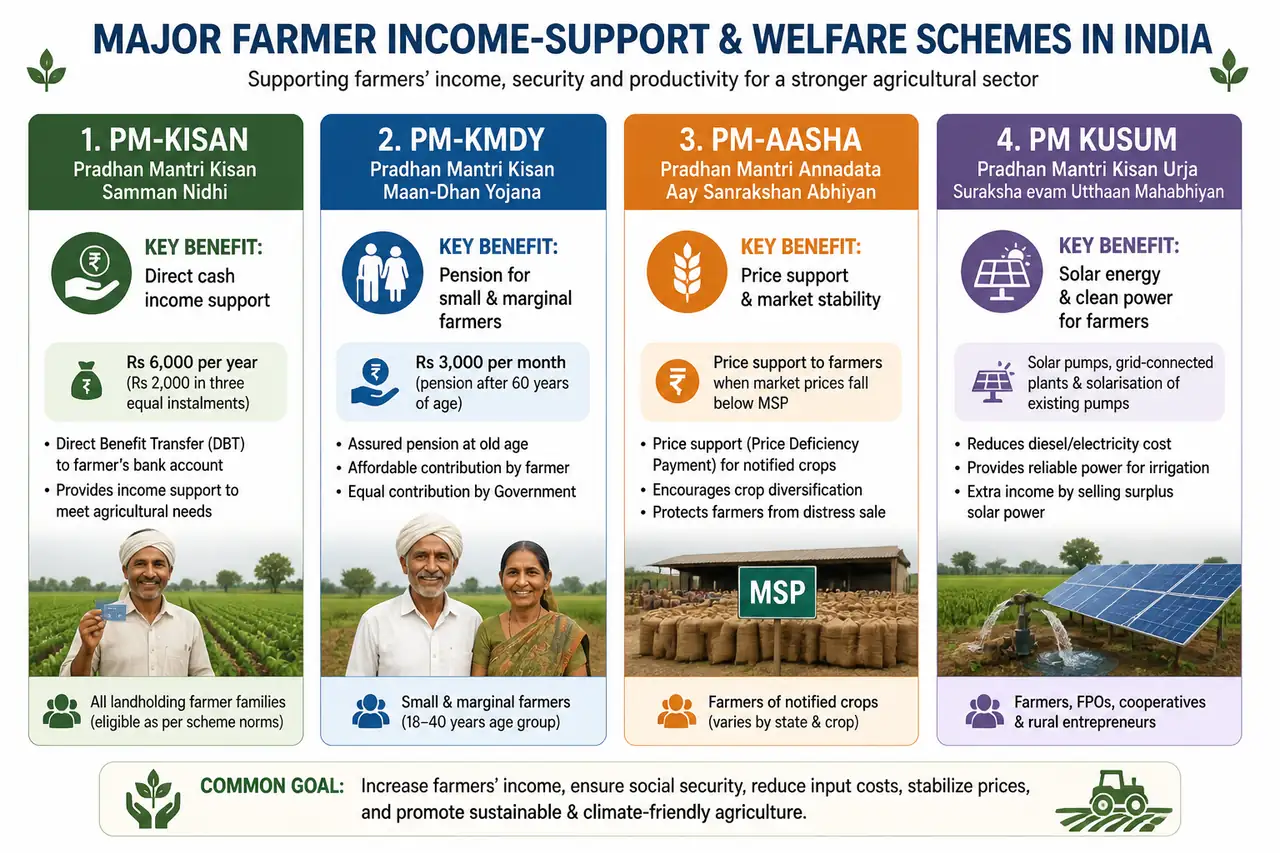 Comparison infographic showing PM-KISAN, PM-KMDY, PM-AASHA, and PM KUSUM with their support types