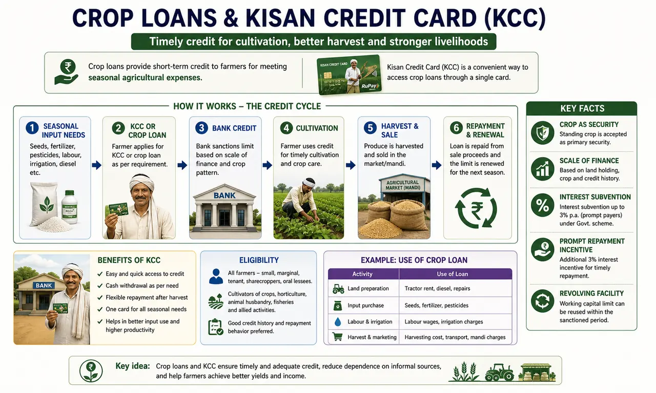 Crop loan and Kisan Credit Card infographic showing seasonal input needs, institutional credit, cultivation, harvest, and repayment flow