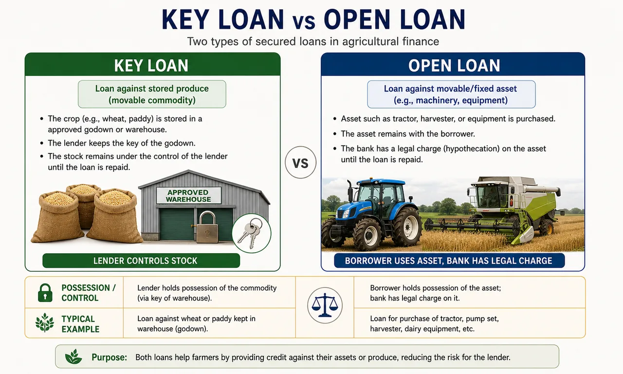 Comparison infographic showing key loan versus open loan in agricultural finance