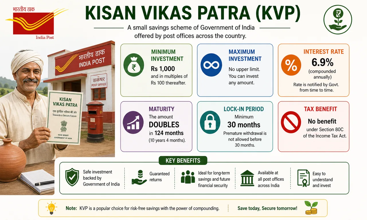 Kisan Vikas Patra infographic showing minimum investment, interest rate, doubling period, lock-in, and tax treatment