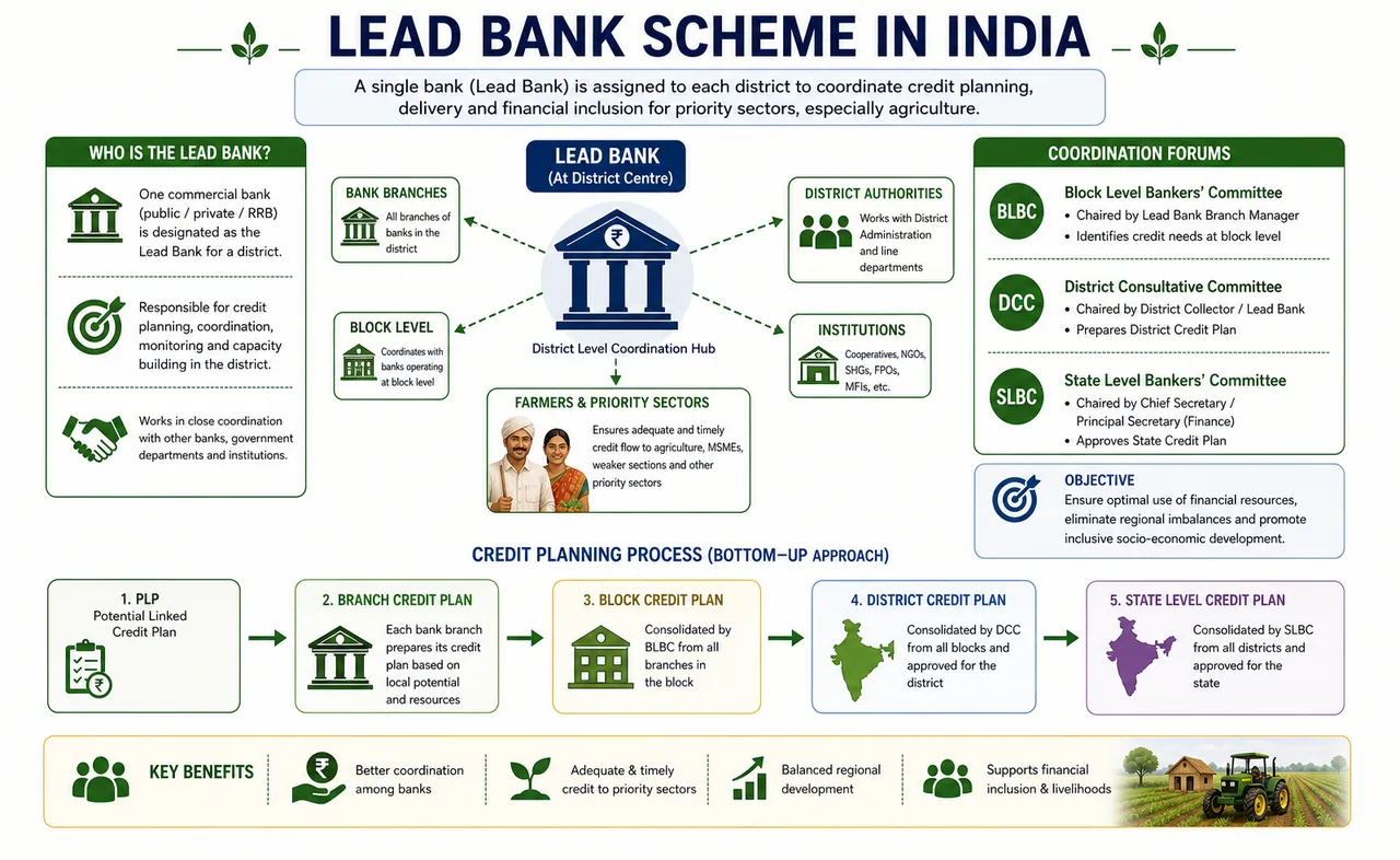 Lead Bank Scheme infographic showing district lead-bank coordination, planning flow, and committees