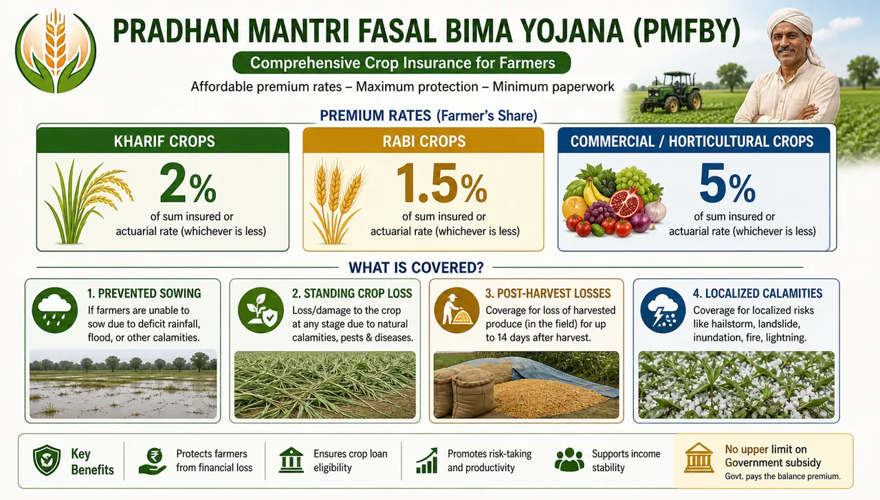 PMFBY infographic showing premium rates for kharif, rabi, and commercial crops along with covered risk types