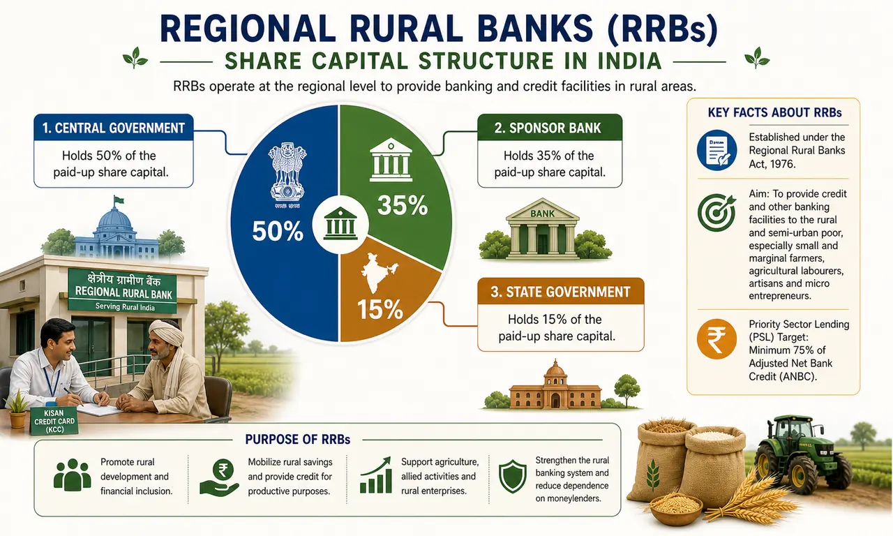 RRB share capital structure infographic showing Central Government 50 percent, Sponsor Bank 35 percent, and State Government 15 percent