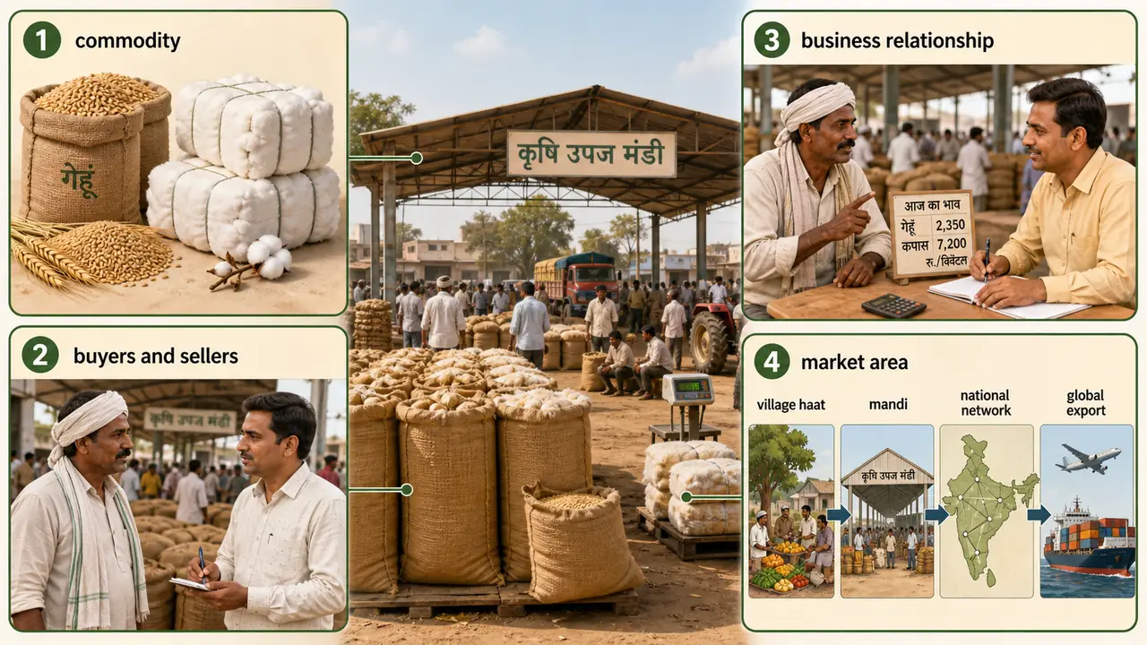 Four components of a market in agricultural marketing showing commodity, buyers and sellers, business relationship, and market area