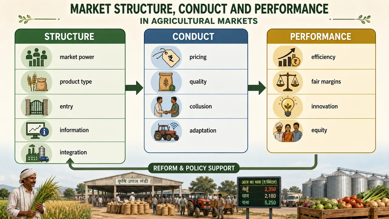 Agricultural market structure, conduct, and performance relationship showing how structure influences pricing, quality, efficiency, innovation, and equity
