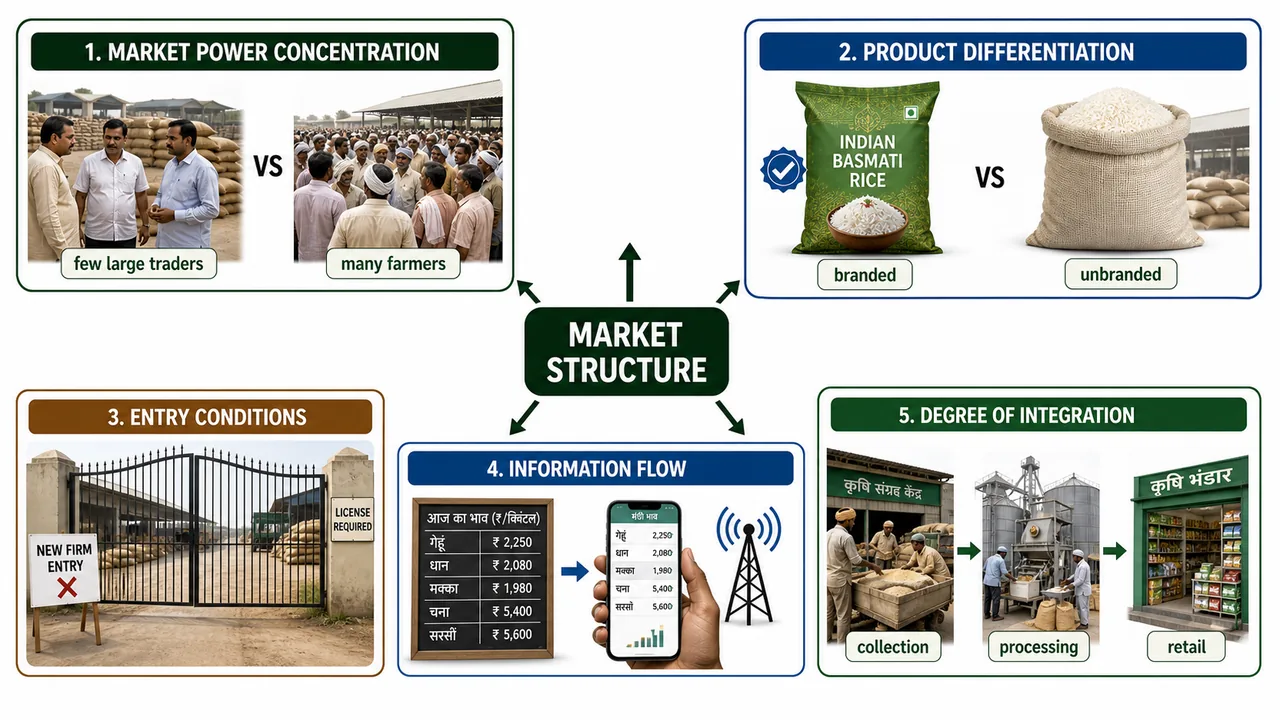 Five components of market structure in agricultural marketing showing market power concentration, product differentiation, entry conditions, information flow, and degree of integration