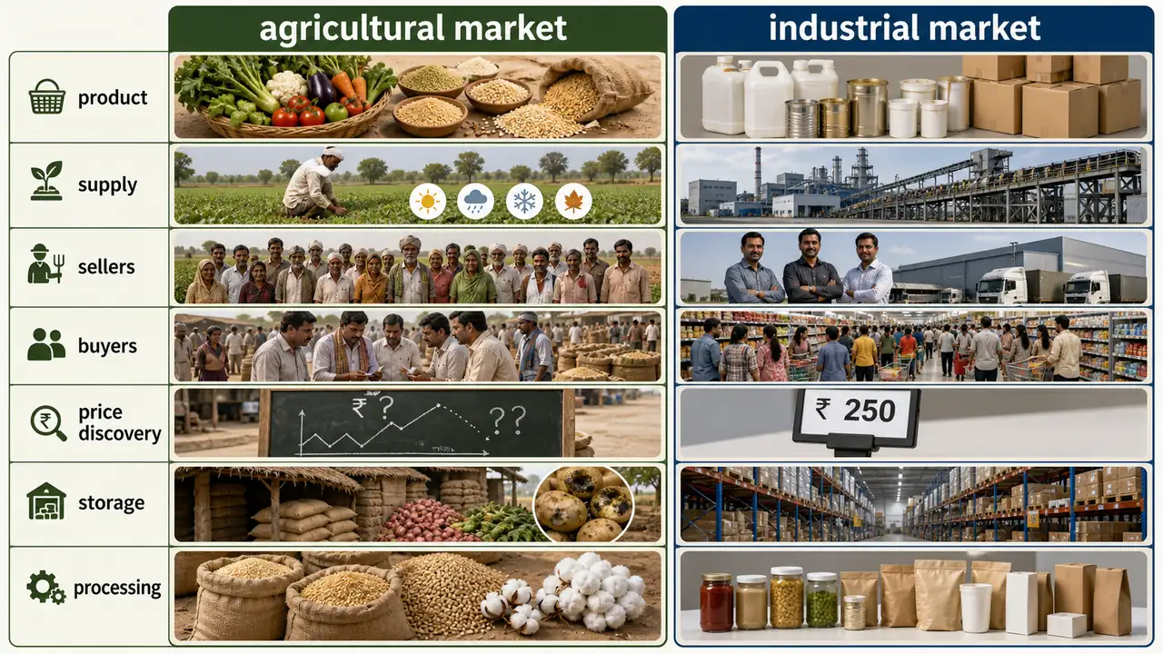 Comparison of agricultural and industrial markets showing differences in product type, supply, sellers, buyers, price discovery, storage, and processing