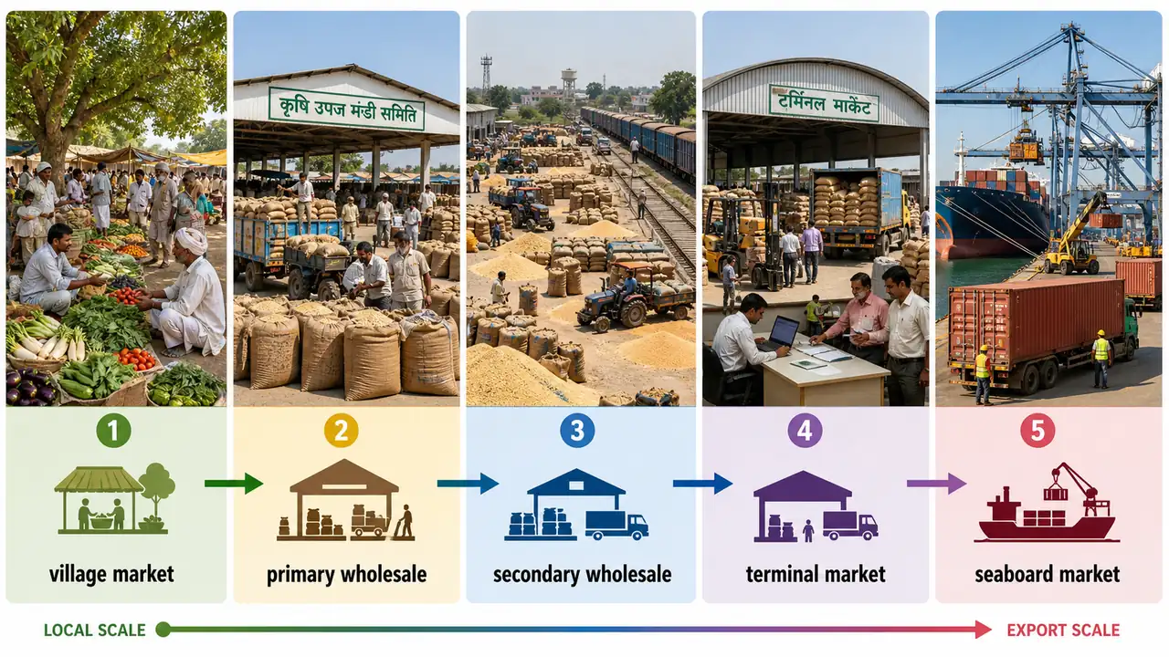 Location-based agricultural market types showing village market, primary wholesale, secondary wholesale, terminal market, and seaboard market