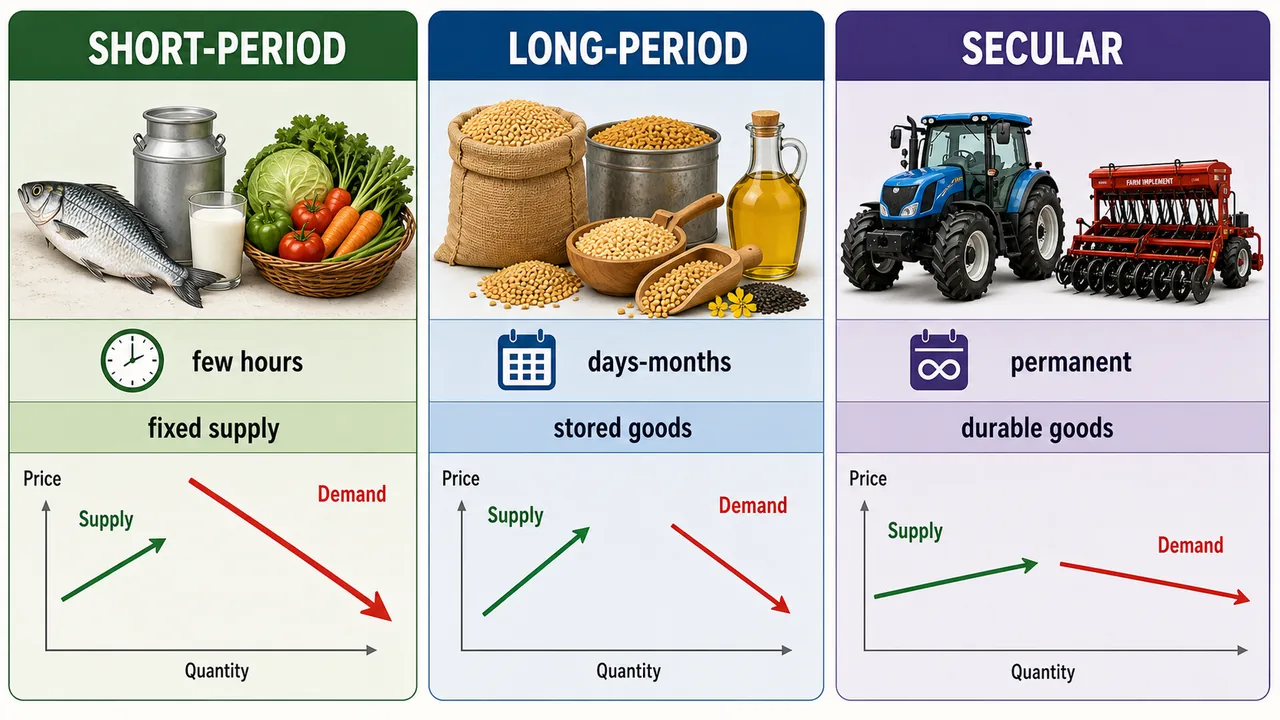 Time-span classification of markets showing short-period, long-period, and secular markets with examples and pricing behavior