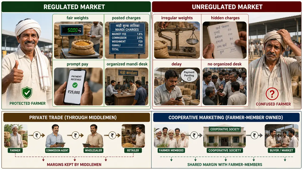 Regulated and unregulated agricultural markets compared with private trade and cooperative marketing margin flow