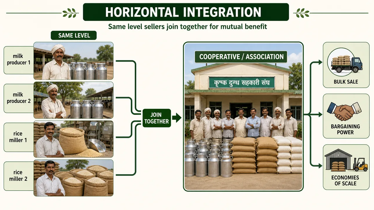 Horizontal integration in agricultural marketing showing same-level farmers or sellers joining into one cooperative or association